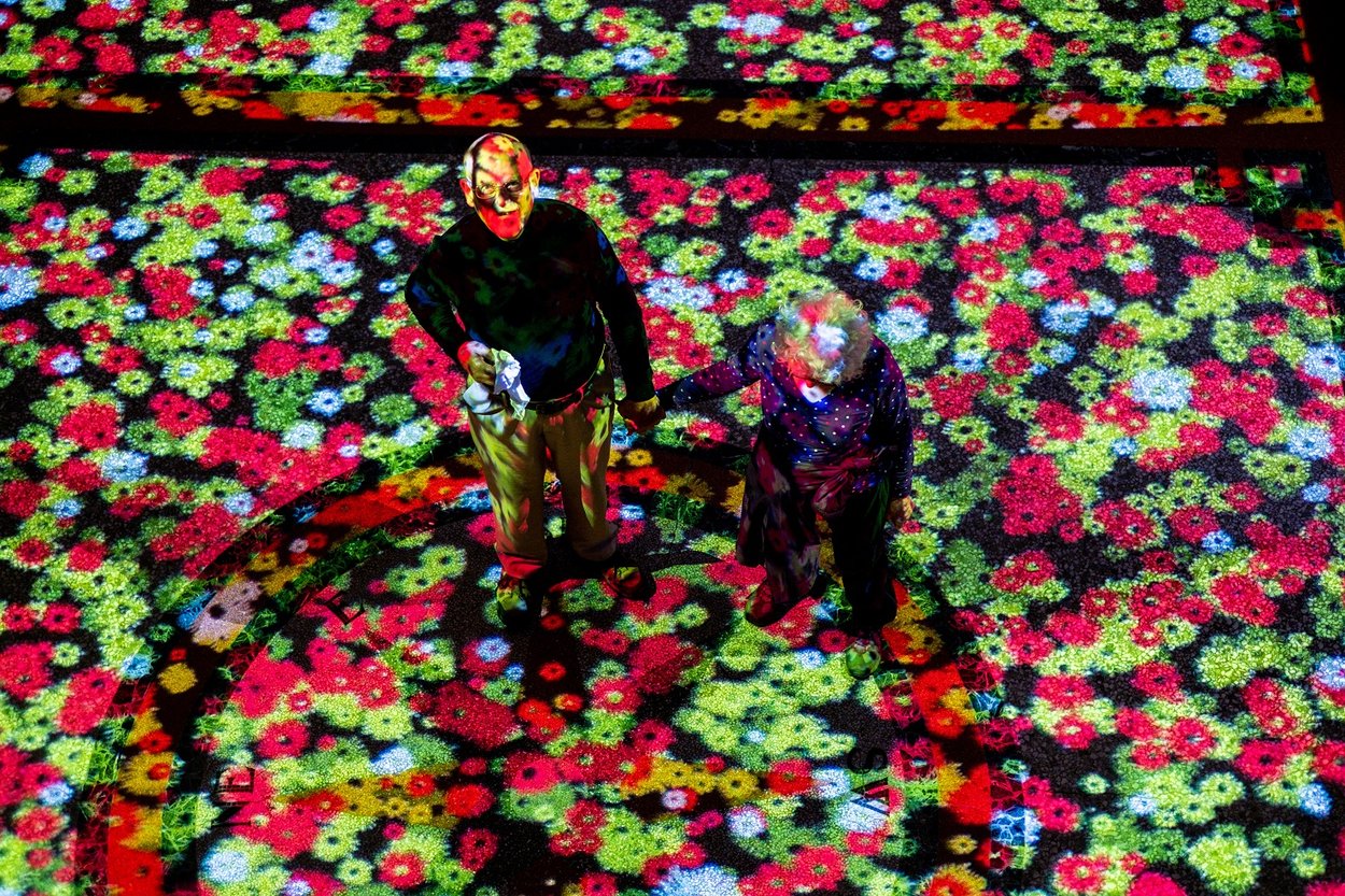 Two people walk through a digital projection of flowers. Image © Getty.