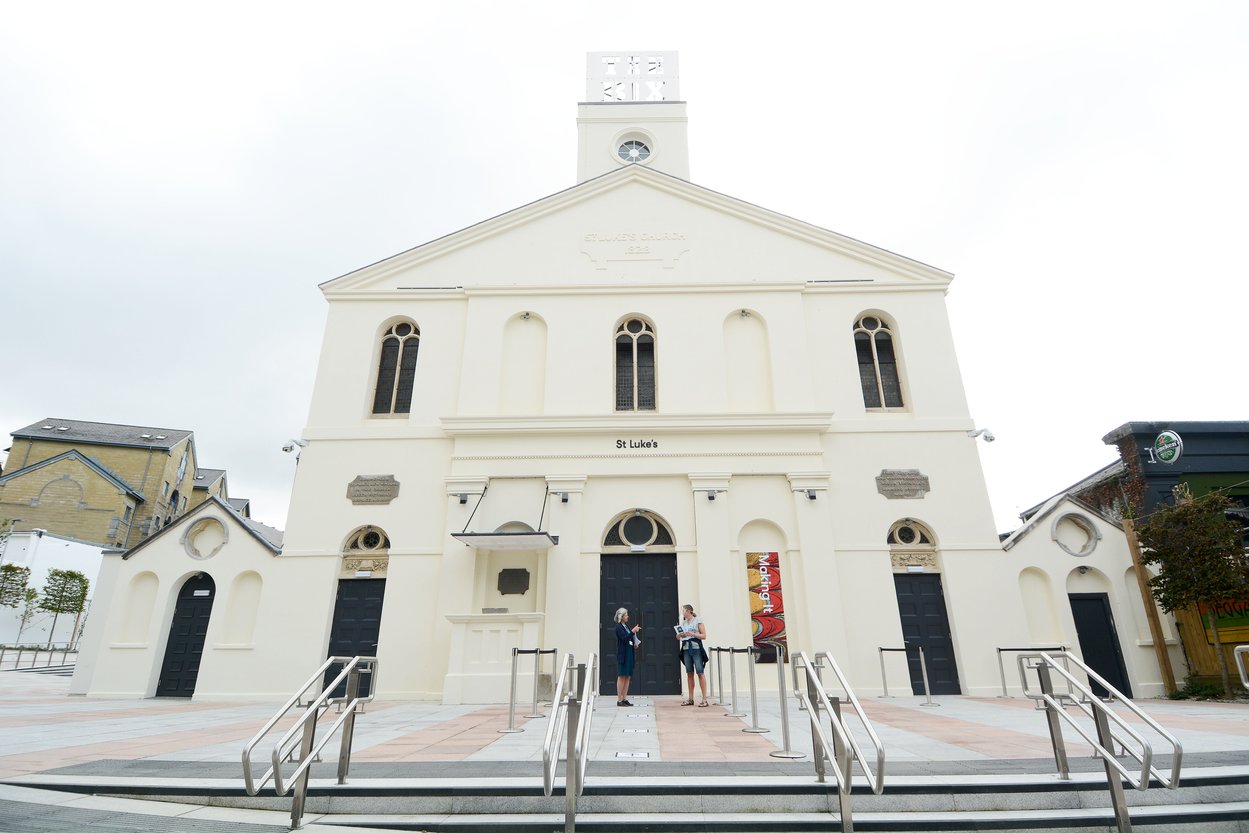 The exterior of the restored St Luke's church in Plymouth photographed from Tavistock Place