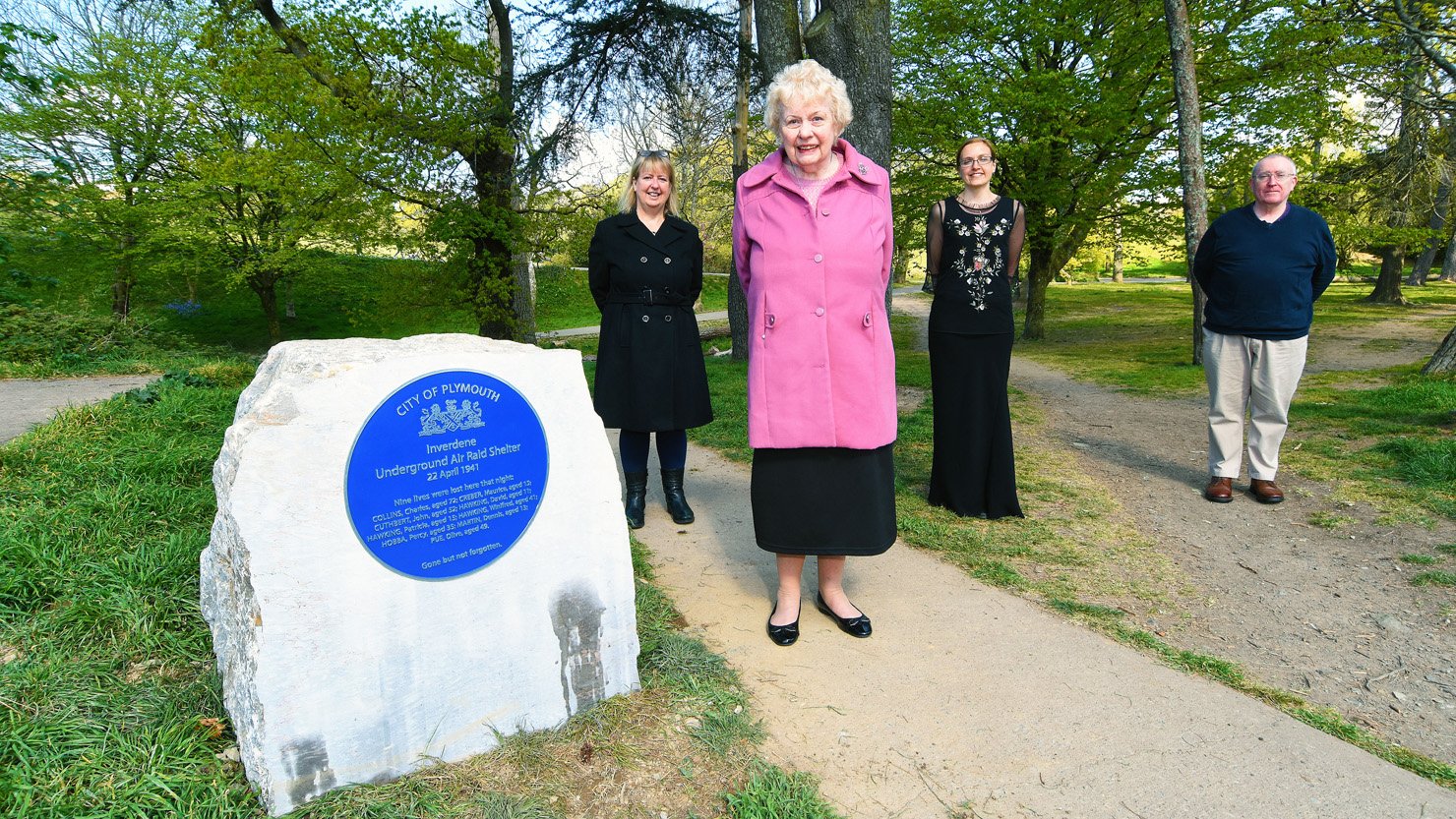 From L-R: Rachel Eyley (daughter of Shirley Stapley); Shirley Stapley; Louisa Blight, Collections Manager at The Box; Alan Barclay, Collections Assistant at The Box with the Inverdene air raid shelter plaque.