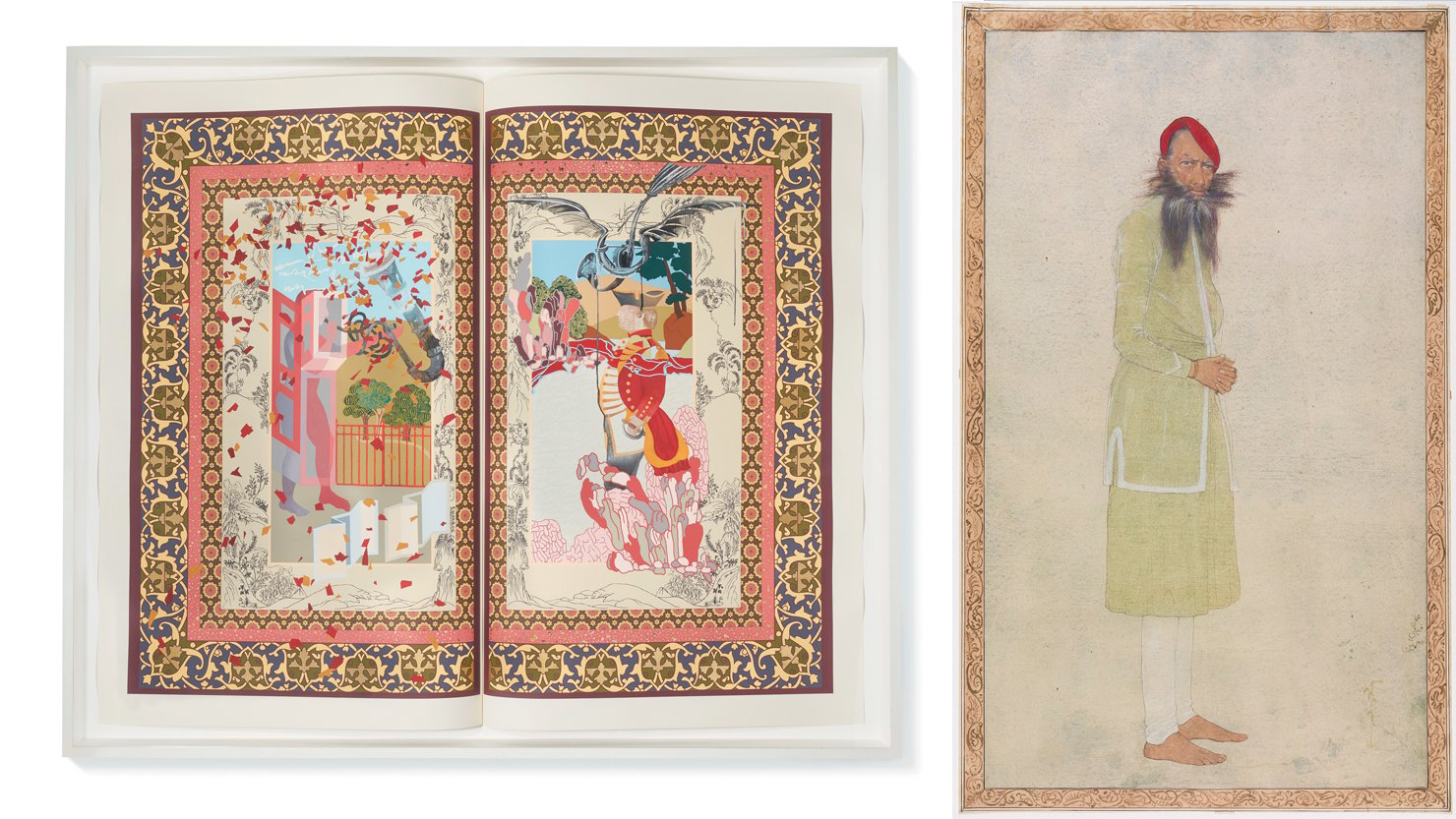 L: The Explosion of the Company Man by Shahzia Sikander, 2011. Private Collection | R: A Rajput Sirdar by Samuel Fyzee-Rahamin, c.1914-1915 © Tate
