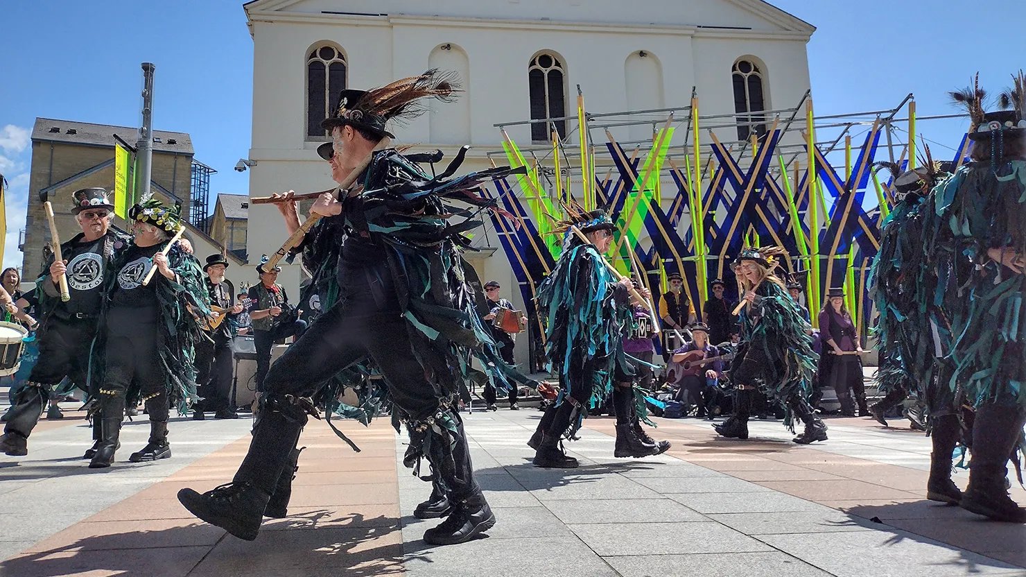 Lodestone Border Morris dancing outside The Box, Plymouth