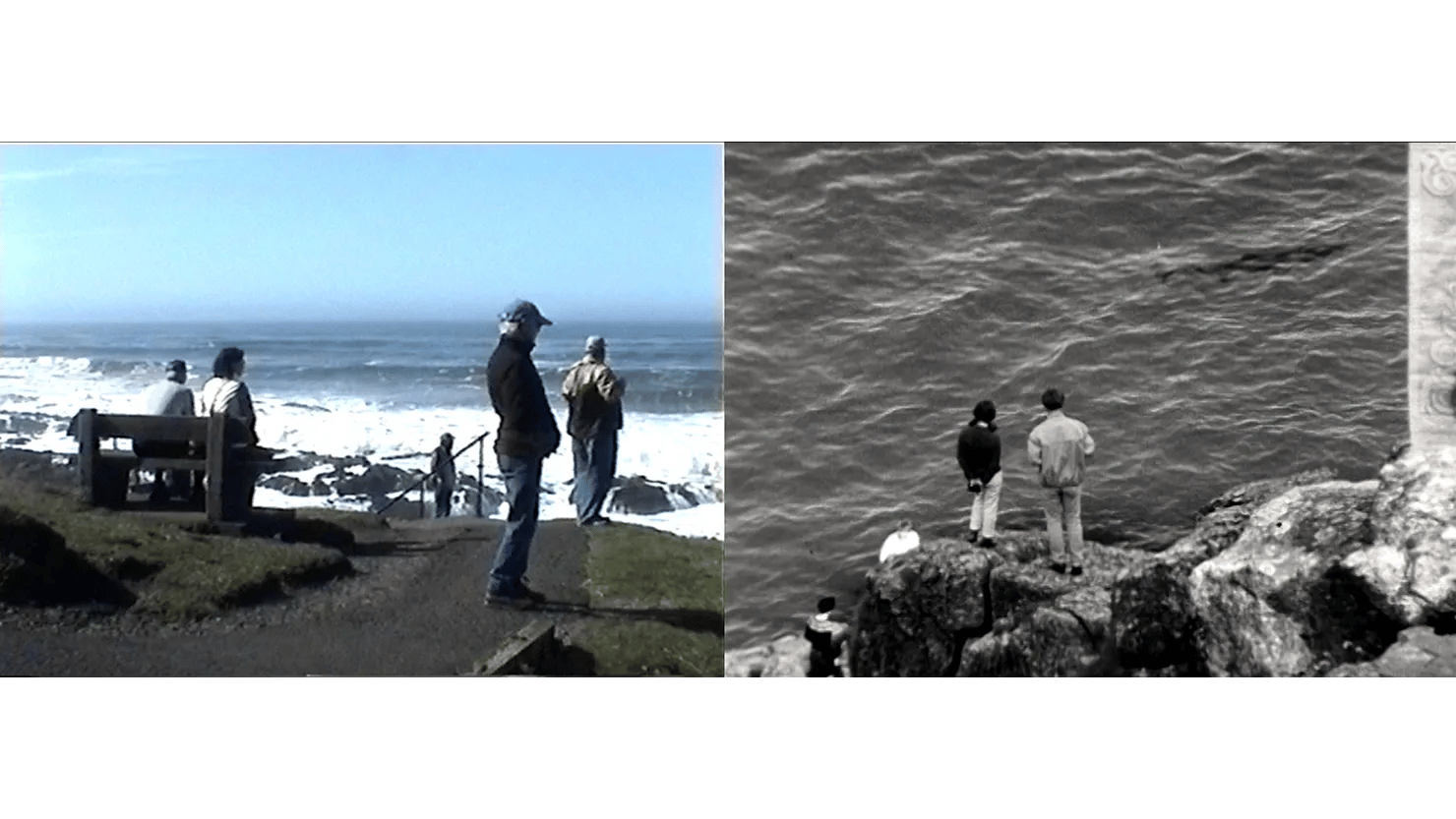 Two film stills showing people standing looking at the sea