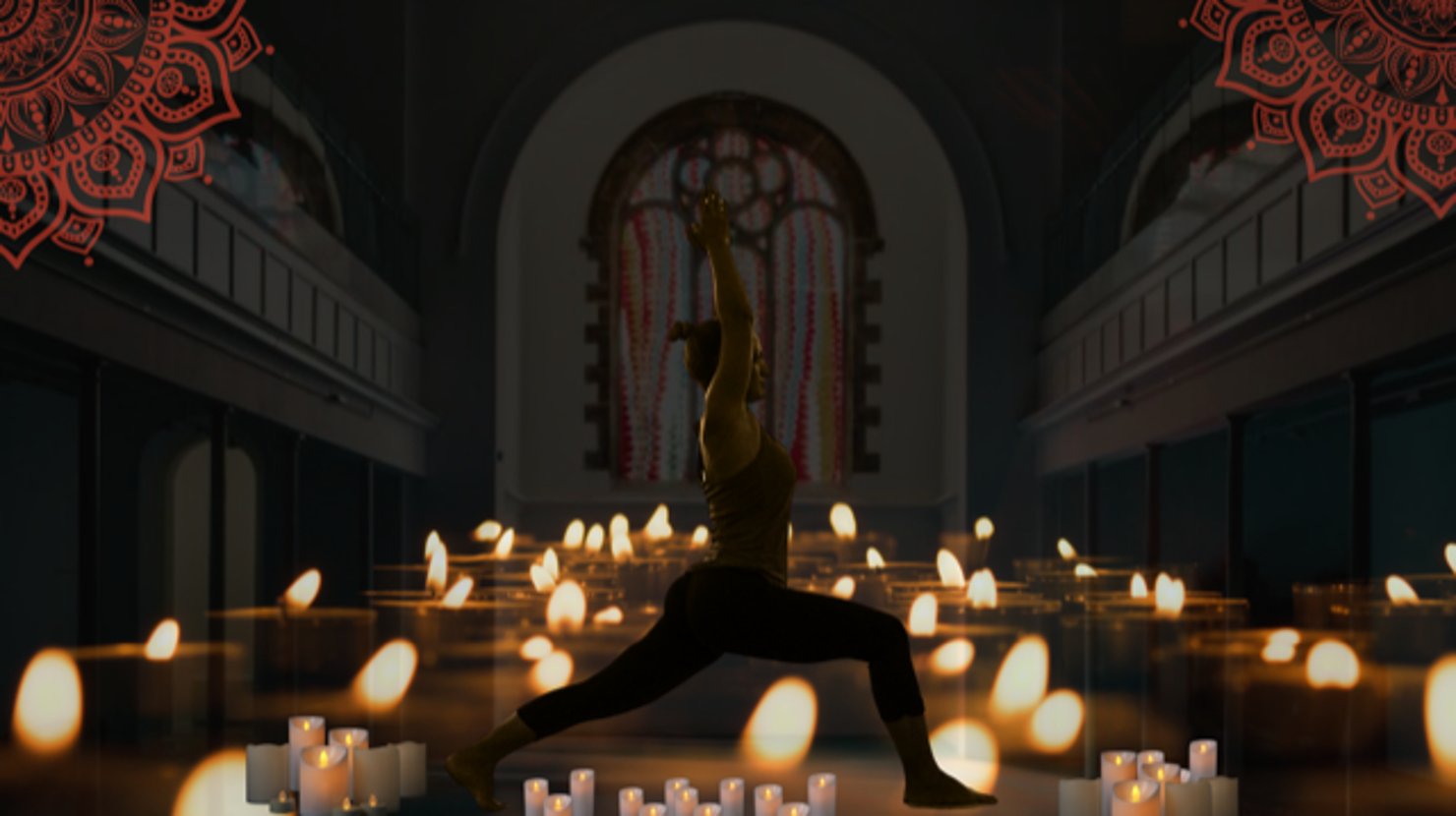 A graphic showing a woman doing yoga inside a gallery space with candles