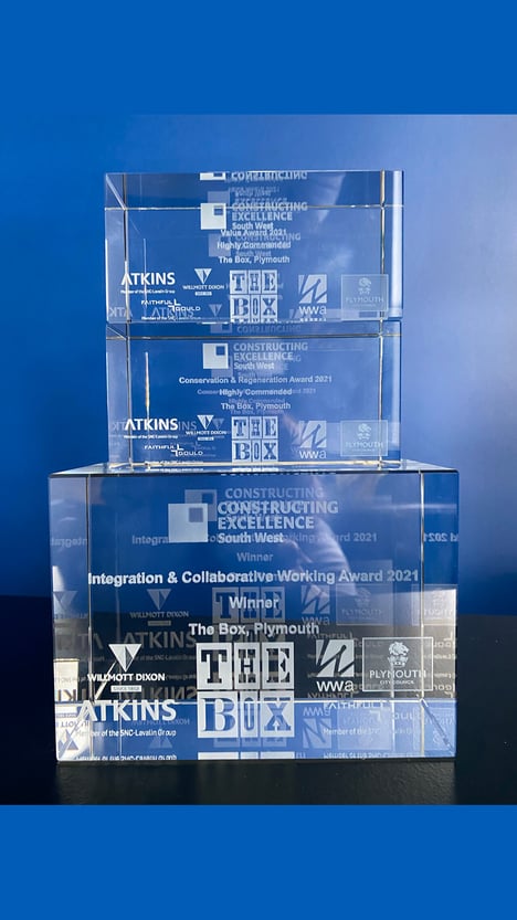 A glass award trophy (The Box's Constructing Excellence South West award)