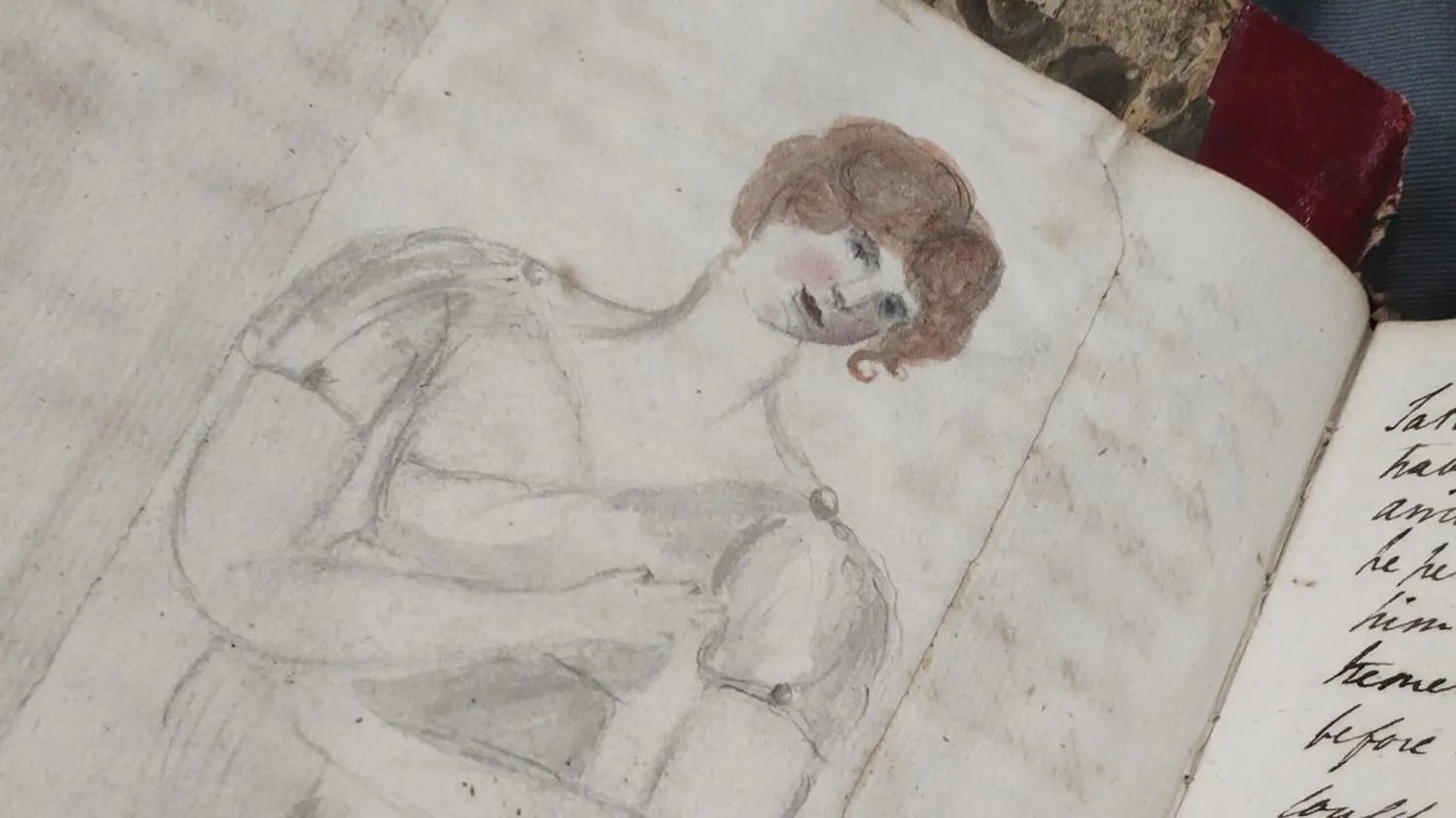 A sketch of a woman in Regency dress with some handwritten notes in ink