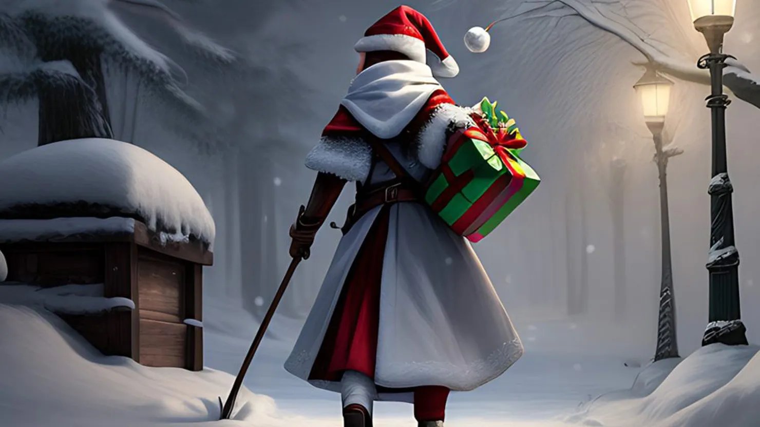 A graphic of an elf wearing a Santa suit in a snowy landscape