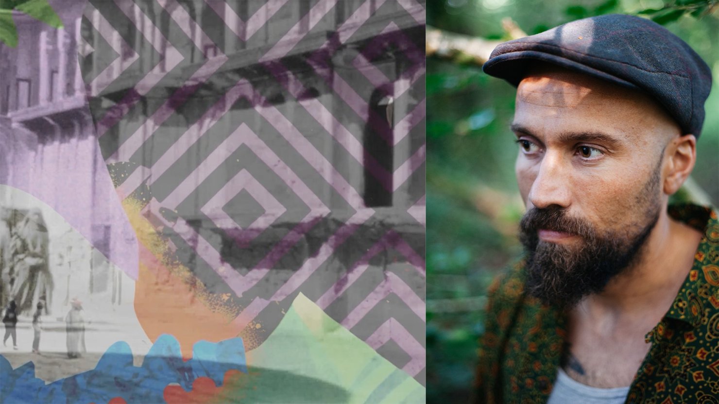 Image composed of graphics overlaying an old photograph, next to a photograph of a man wearing a hat, next to