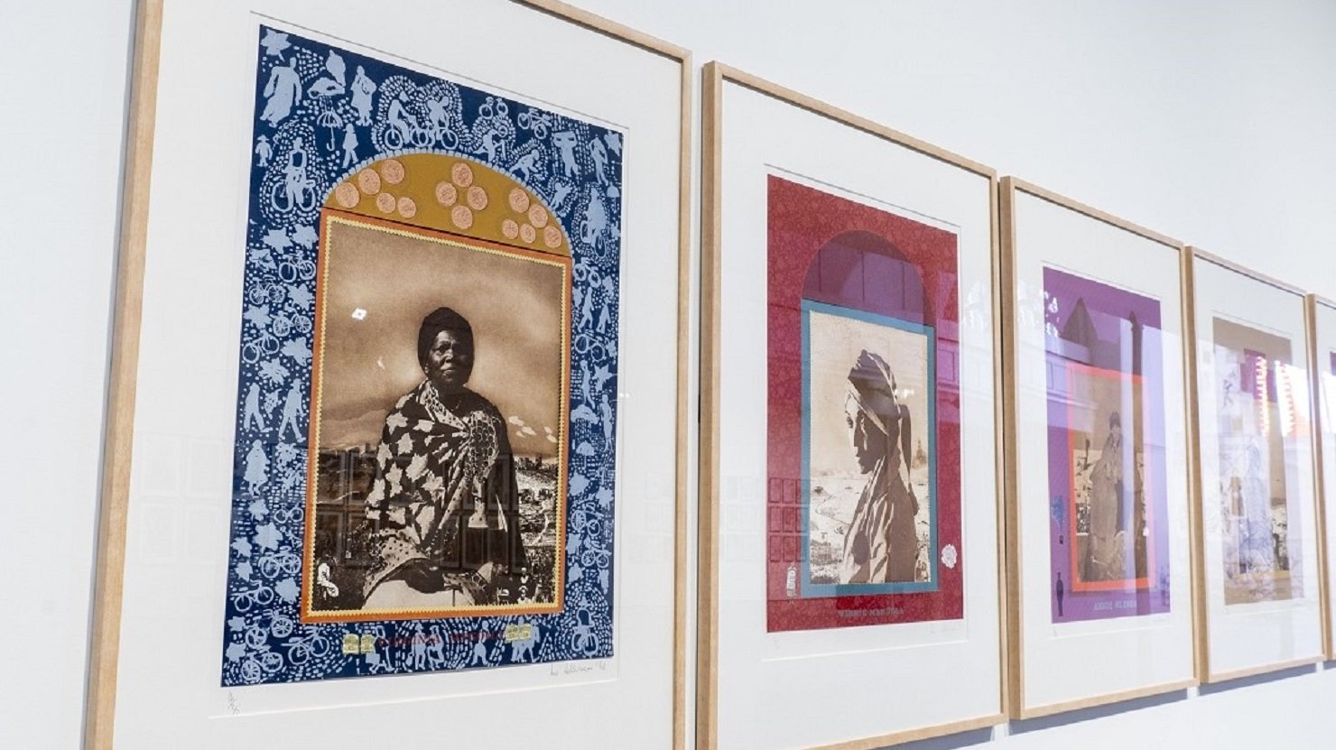 Close ups of Virginia Thoko Mngoma and Winnie Mandela mixed media portraits by artist Sue Williamson