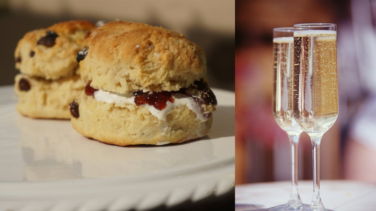 Scones with jam and cream and prosecco