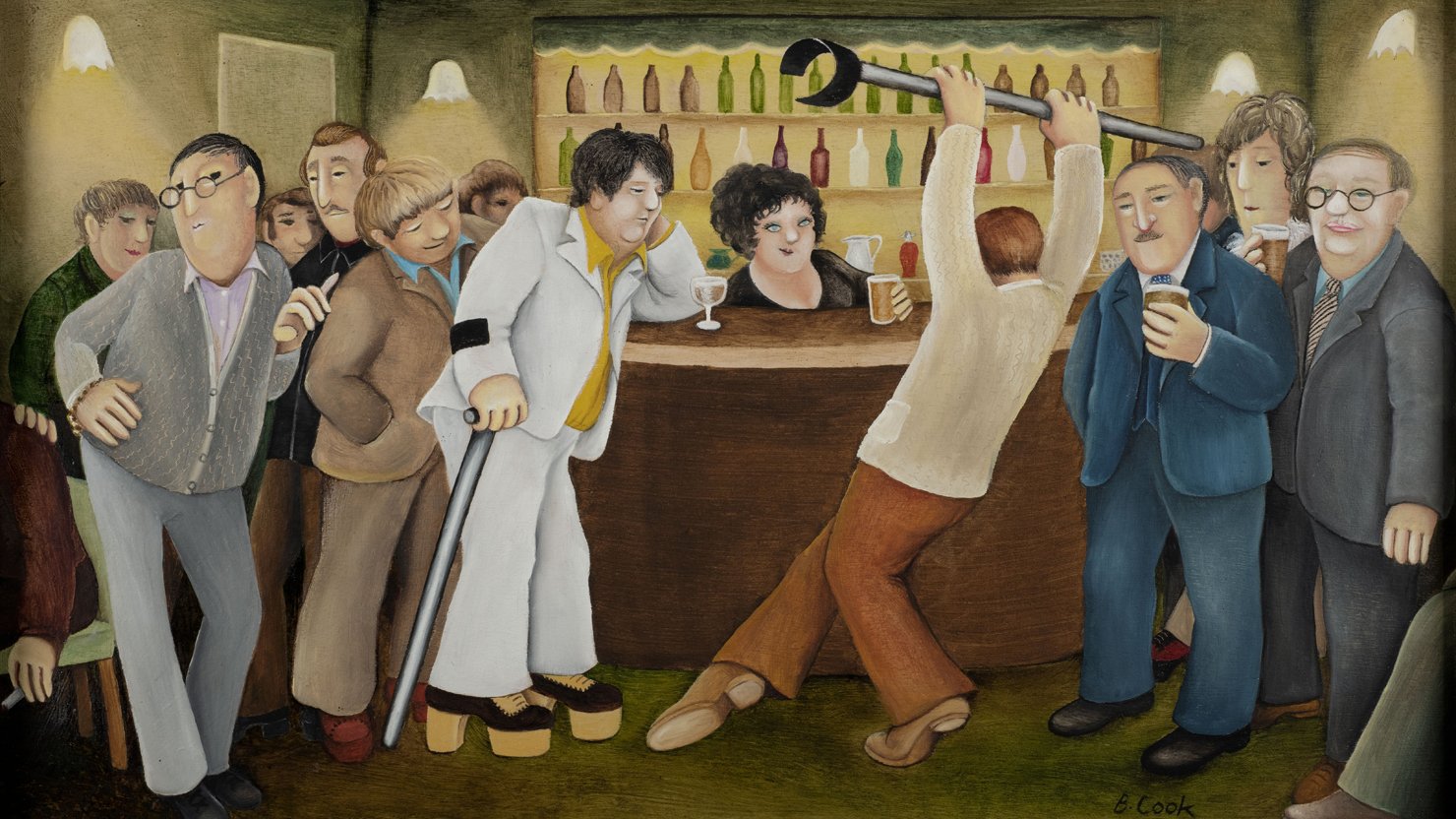 Beryl Cook, Back Bar of the Lockyer Tavern (detail). Courtesy of www.ourberylcook.com © John Cook 2025