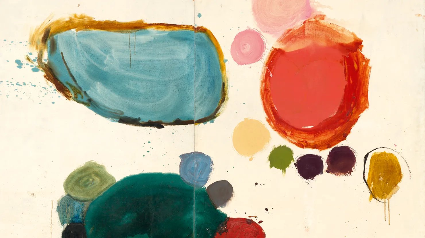 Detail from an abstract painting on white canvas with colourful paint marks