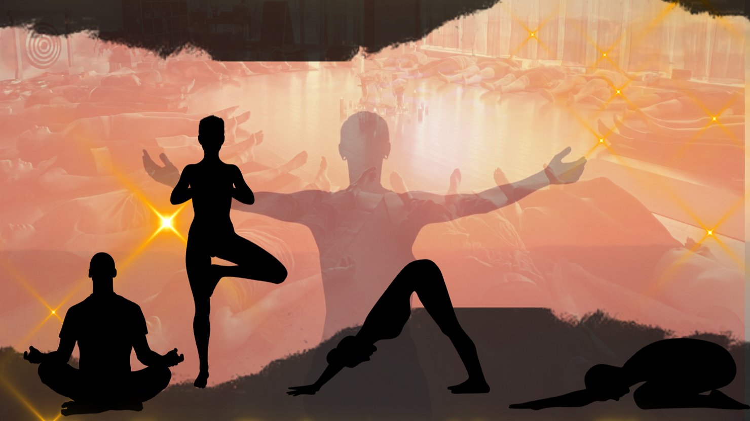 An orange background with black figures in yoga poses