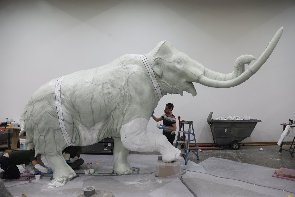 A replica sculpture of a woolly mammoth