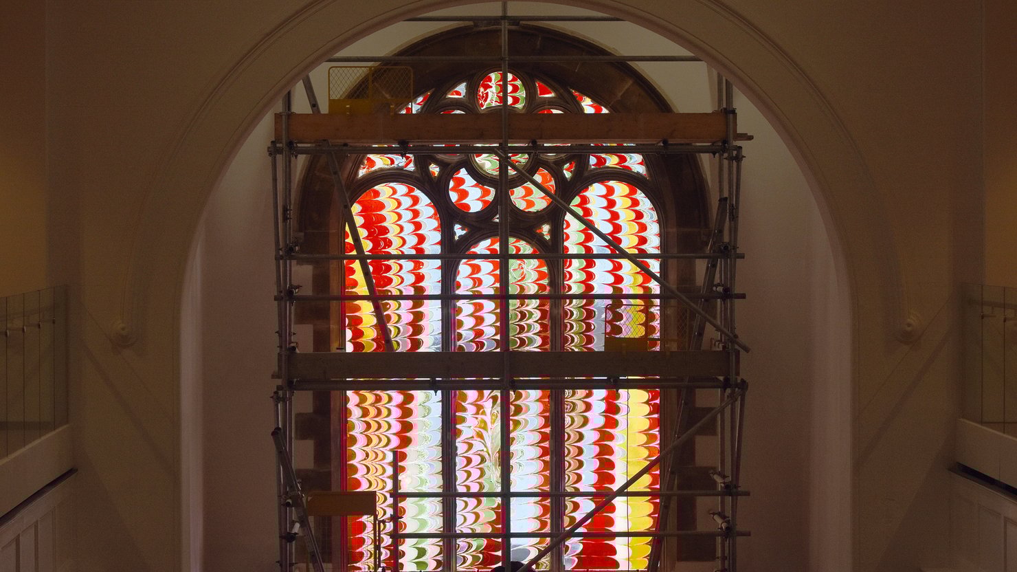 Window scaffolding up in St Luke's church during the install of Leonor Antunes' window at The Box Plymouth