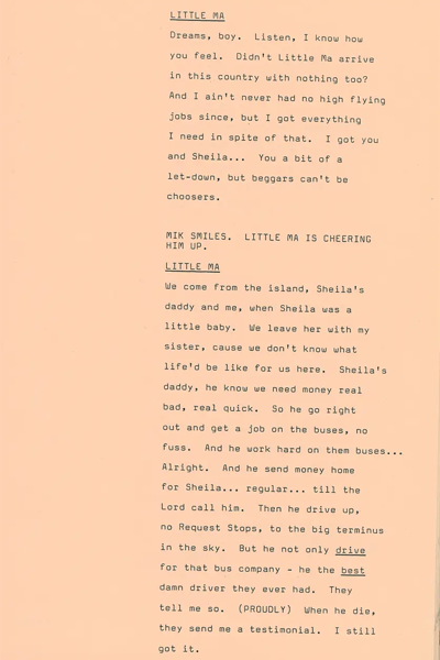Script excerpt from TSW showing Little Ma’s reflection on her migration experience, highlighting themes of diaspora and identity in 'Some Day Man'.
