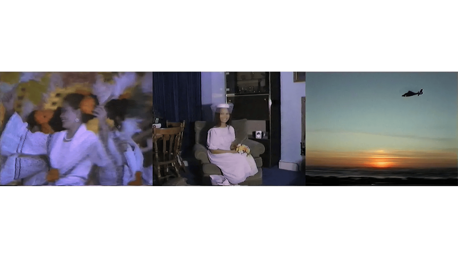 Composite image of three video stills showing a woman dancing, sitting in her home and sea scene
