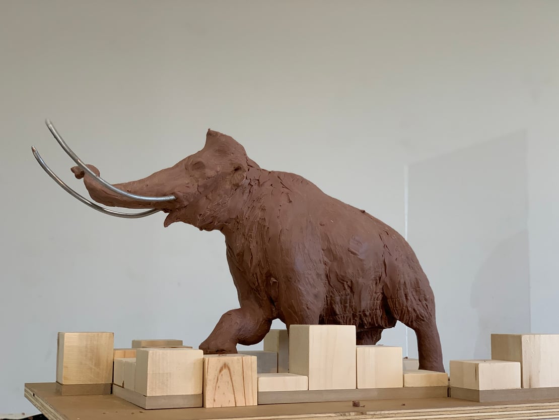 A clay maquette of a woolly mammoth