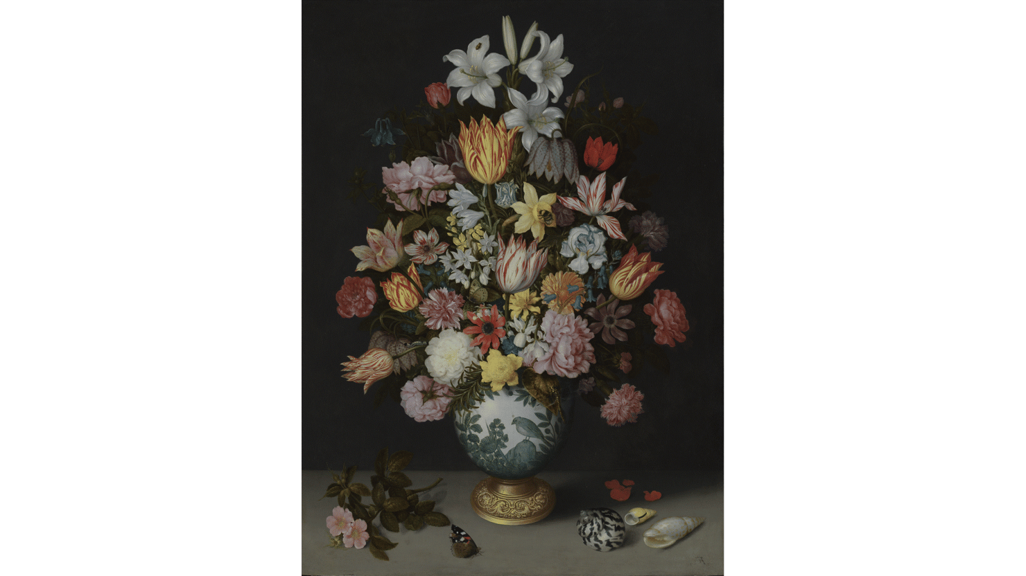 A Still Life of Flowers in a Wan-Li Vase on a Ledge with further Flowers, Shells and a Butterfly
