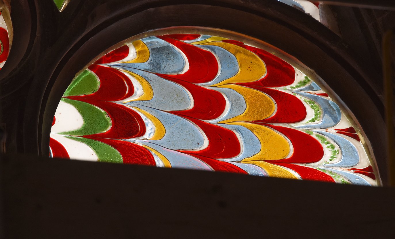 Close up of Leonor Antunes window and tracery in St Luke's at The Box, Plymouth