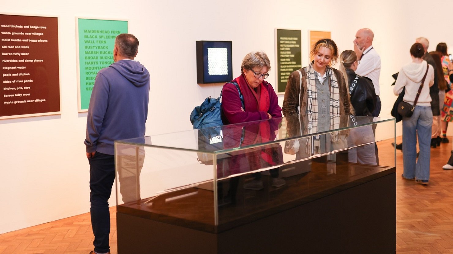 Visitors to The Box's Land Sea Sky exhibition looking at Ingrid Pollard's work