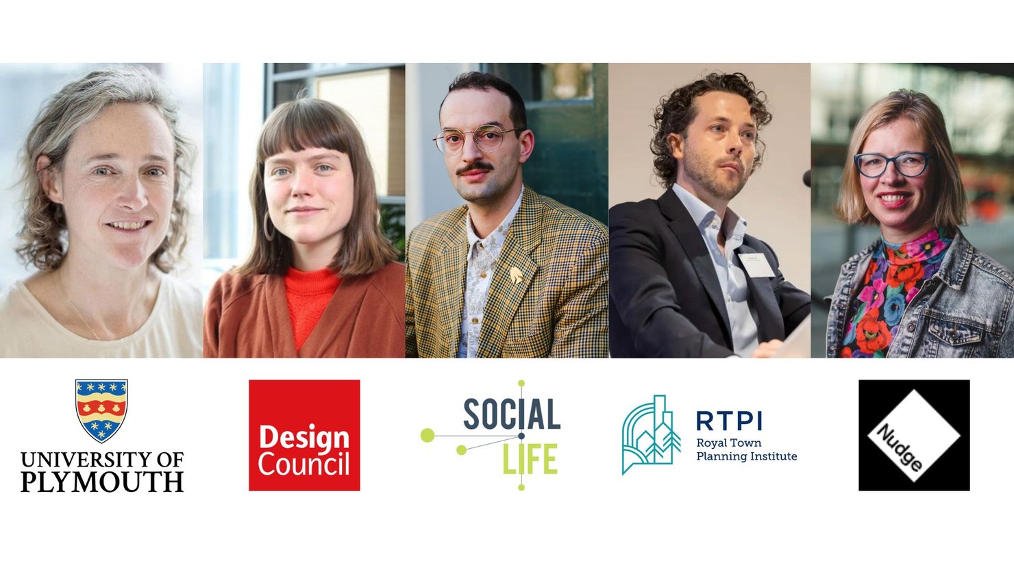 Five panellist images and organisations logos