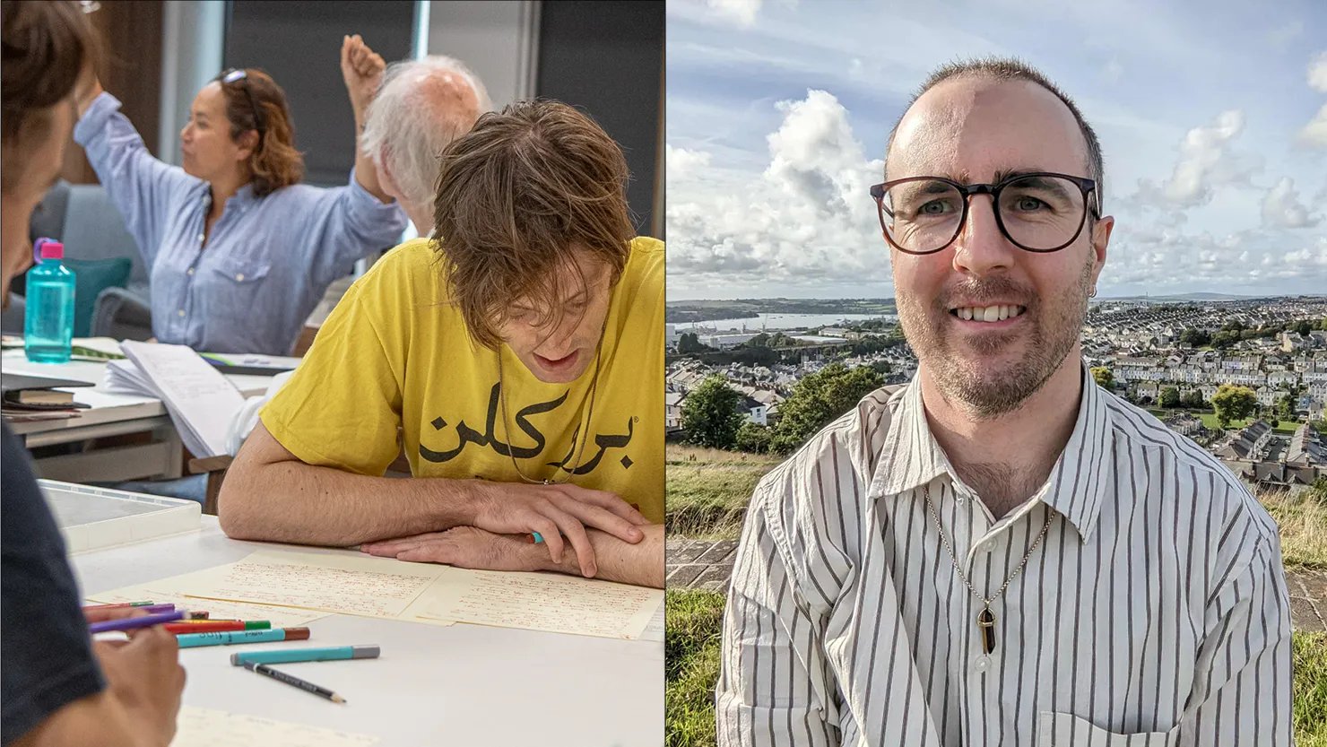 Photograph showing people in a writing workshop and a man standing with a view of Plymouth behind him