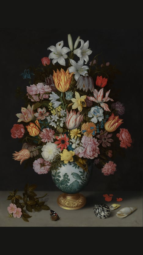 Ambrosius Bosschaert the Elder, 1573-1621 A Still Life of Flowers in a Wan-Li Vase on a Ledge with further Flowers, Shells and a Butterfly, 1609-10 © The National Gallery, London