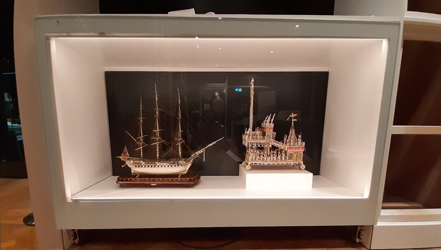 Bone model of a ship in a display case