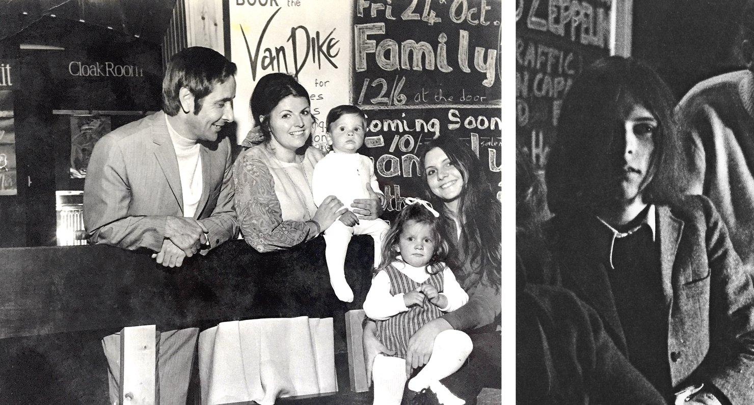 Pete, June, Jeff, Angie and Julie in The Van Dike Club, 1969, and Greg during a band photoshoot at the club, 1969
