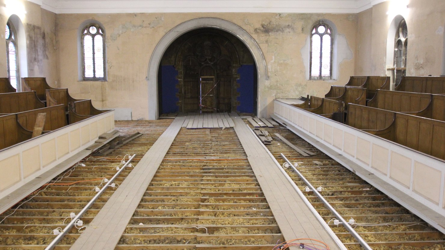 The false ceiling in St Luke's church at The Box in Plymouth before restoration work in 2019-2020