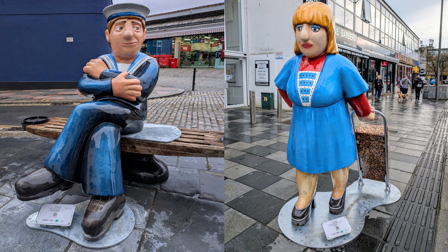 Two Beryl Cook sculptures - sailor and shopper - in Plymouth