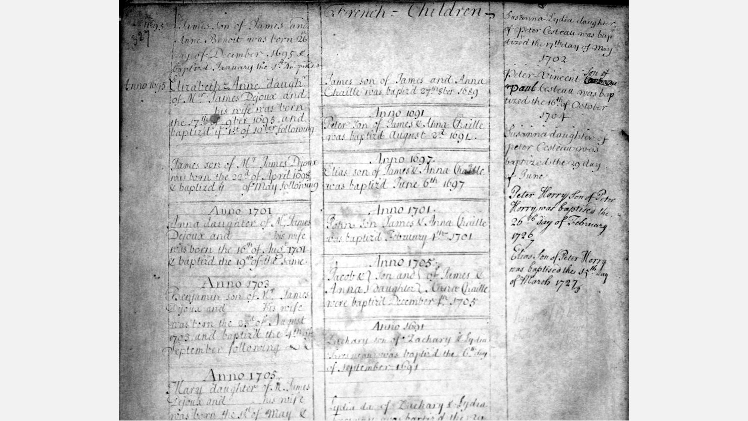 A1600s baptism register from St Andrews church in Plymouth showing French surnames