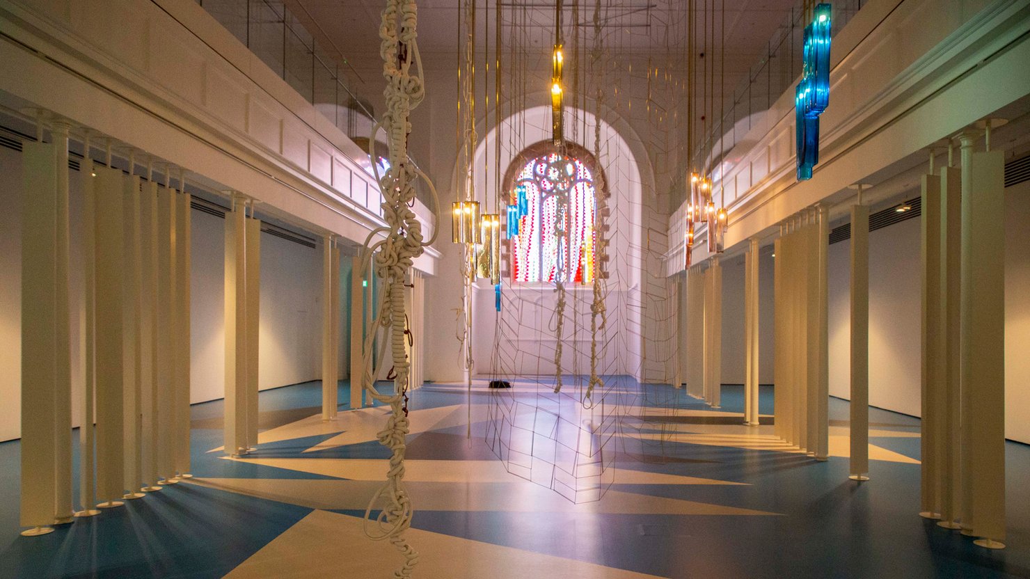 The install of Leonor Antunes' exhibition in St Luke's at The Box Plymouth