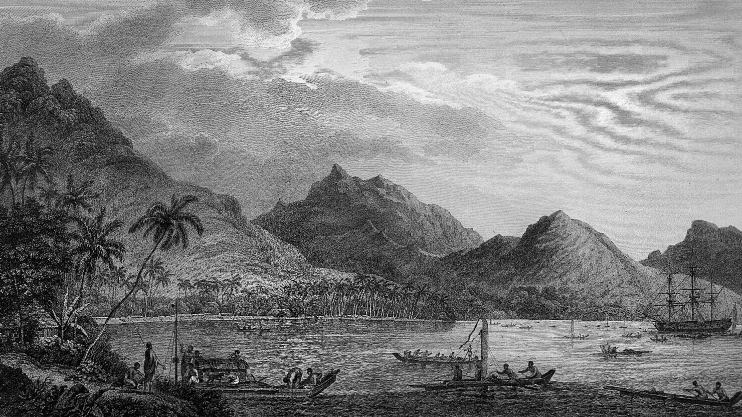 The island of Huahine, with Captain Cook's ships and local boats in the bay (detail) by W. Byrne after J. Webber, 1784. Wellcome Collection 566632i