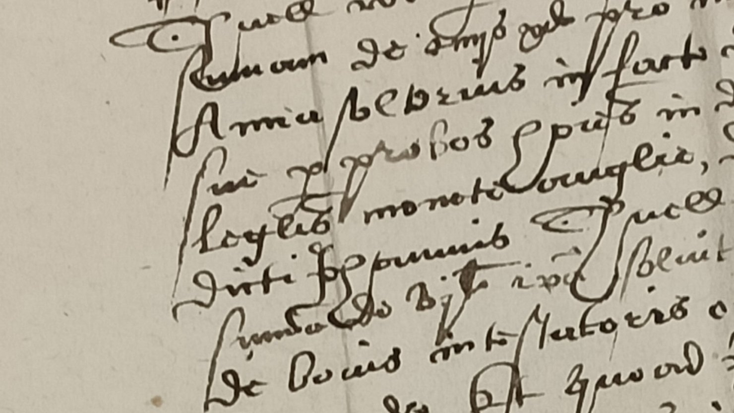 A close up of handwriting on a 16th century legal document from the archives at The Box Plymouth