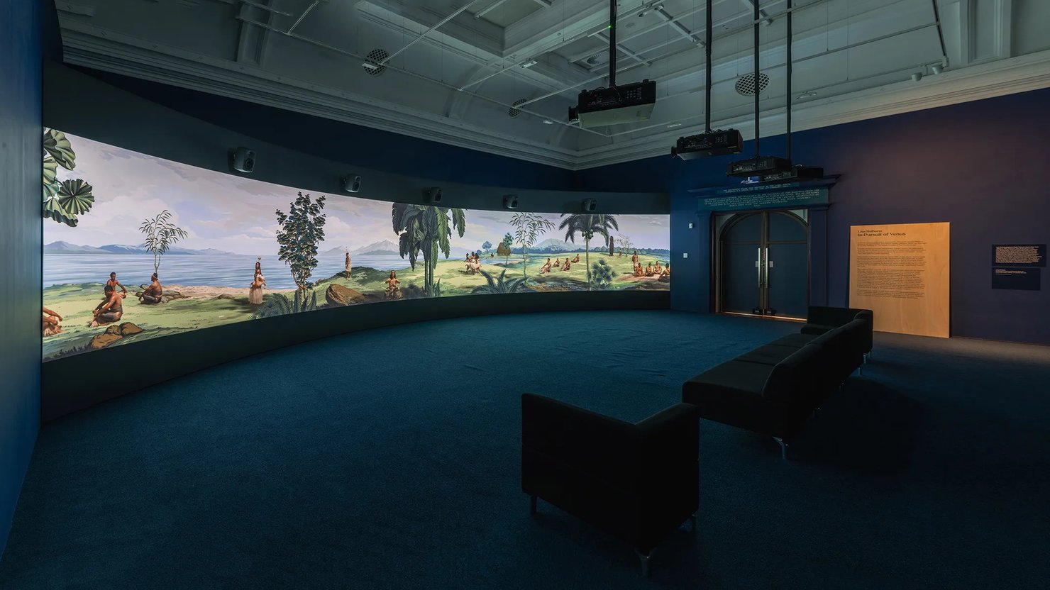 Photograph showing large scale film by Lisa Reihana in South Gallery