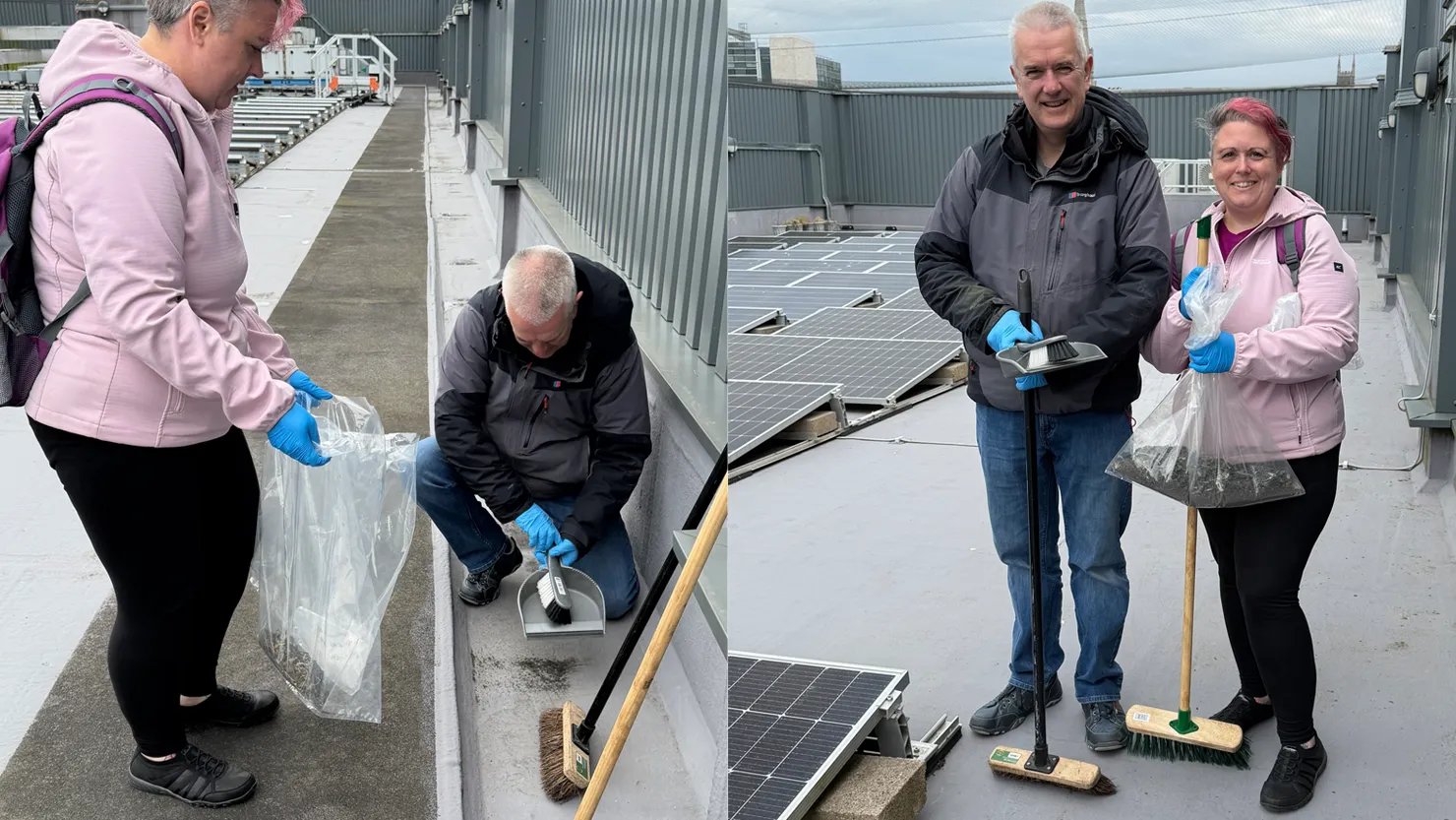 'Cosmic dust in the city' team collecting dust from our rooftop, which will be used and analysed in the workshops.