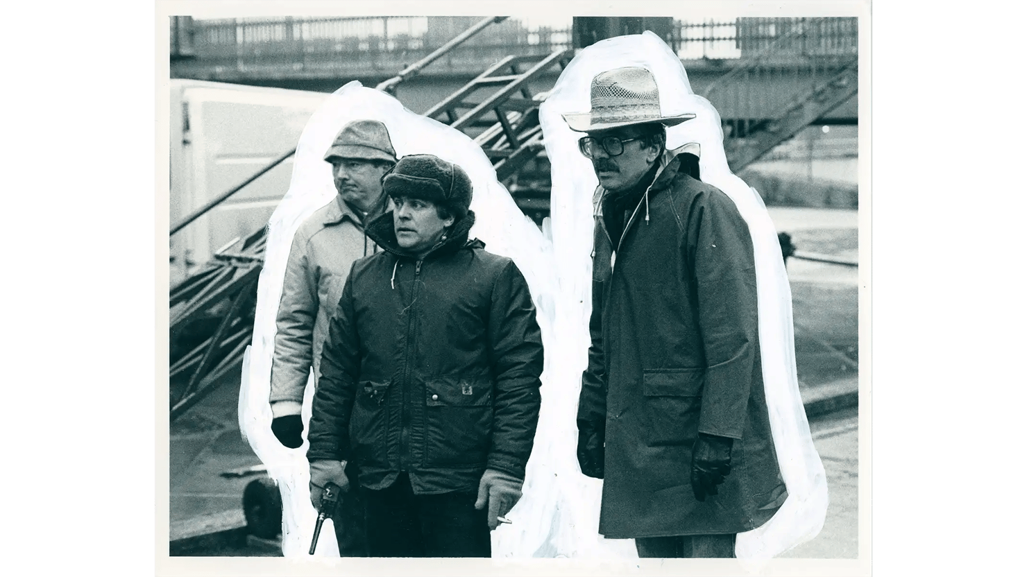 Photograph showing a film crew on location outside