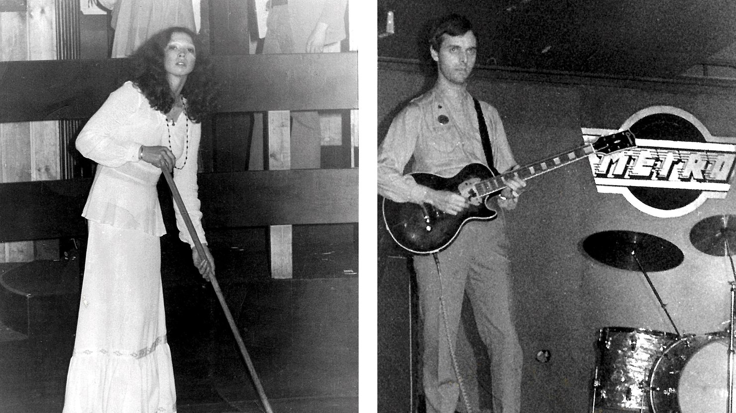 Michele after a gig at The Van Dike Club, c1971, and Greg on stage at Metro, c1978