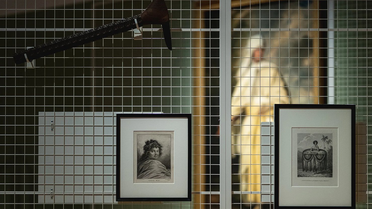 Photograph showing engraved portraits of South Pacific Islanders