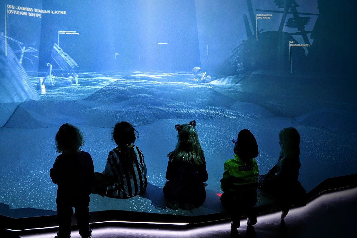 Children looking at a large projection screen
