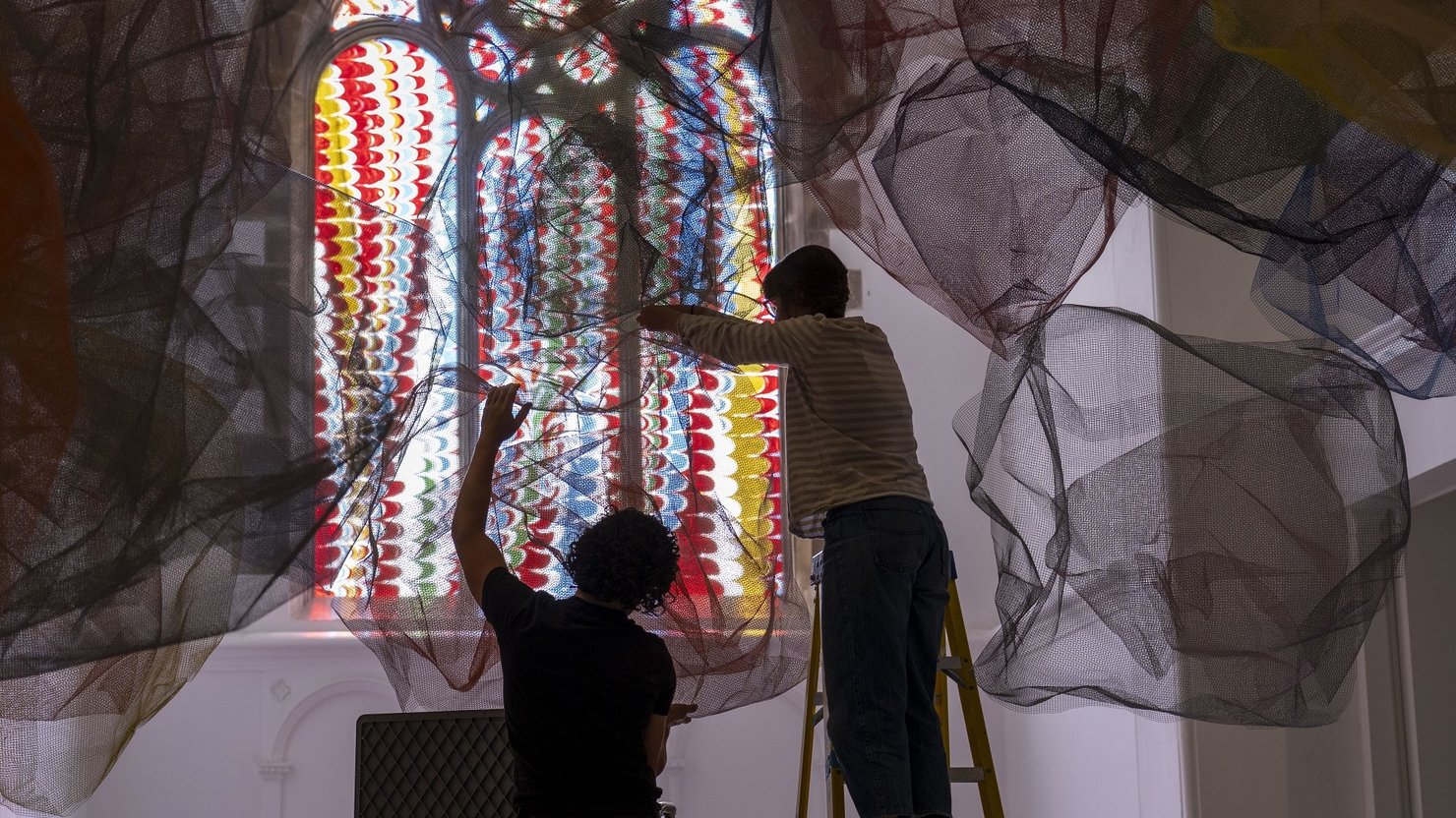 Installing 'Rana Begum: Dappled Light' at The Box, summer 2023