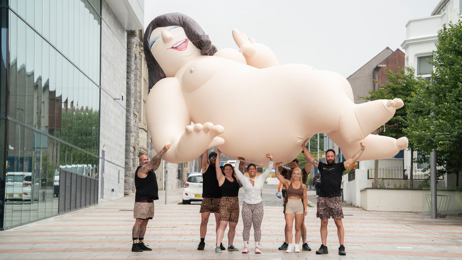 The Beryl Cook inflatable being unveiled at The Box, 5 July 2025