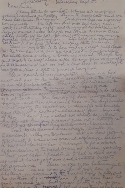Front of the letter from WO Reynolds to his mum from The Box's archives