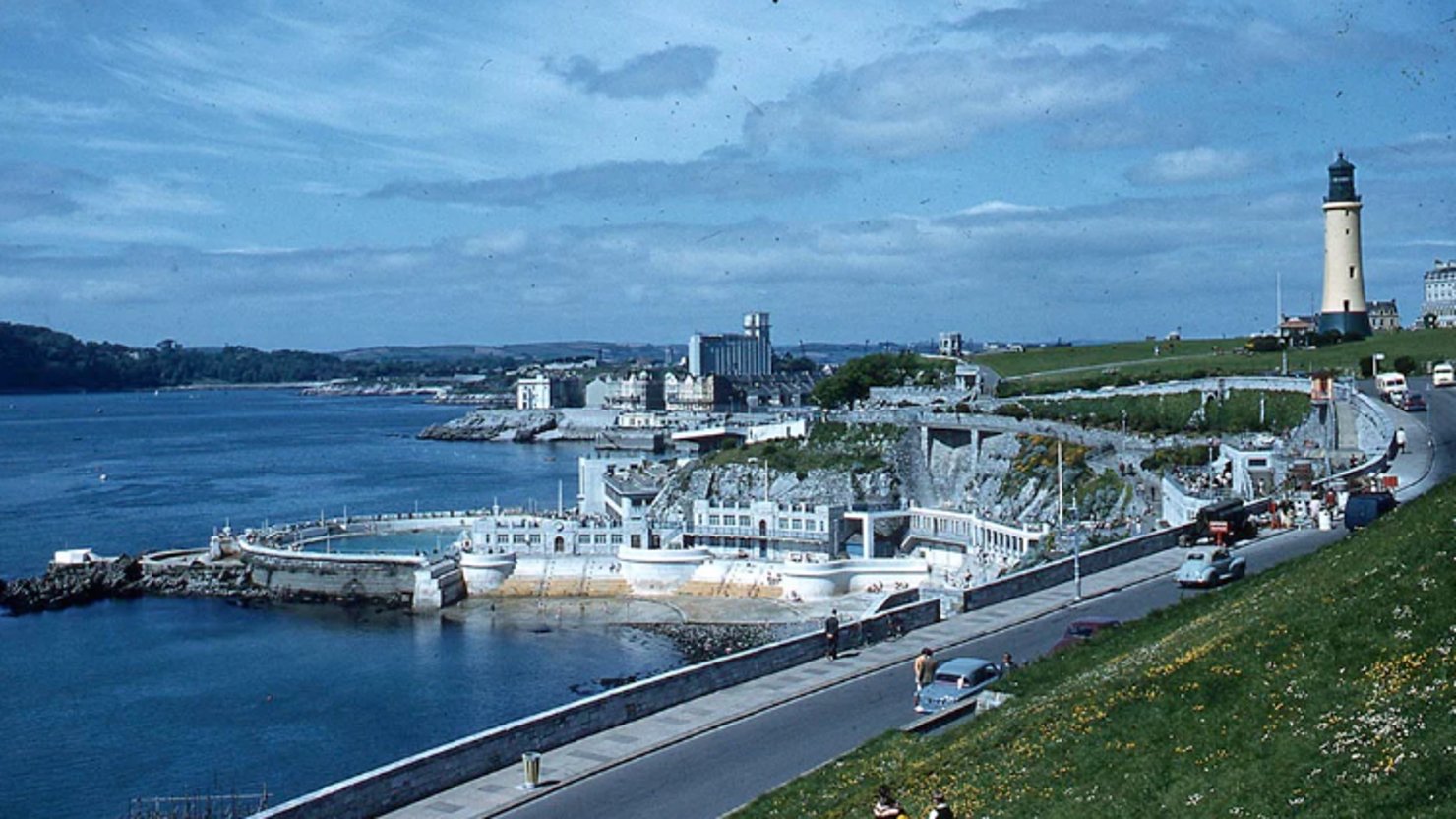 Archive colour photograph of Plymouth seafront from the mid 20th century