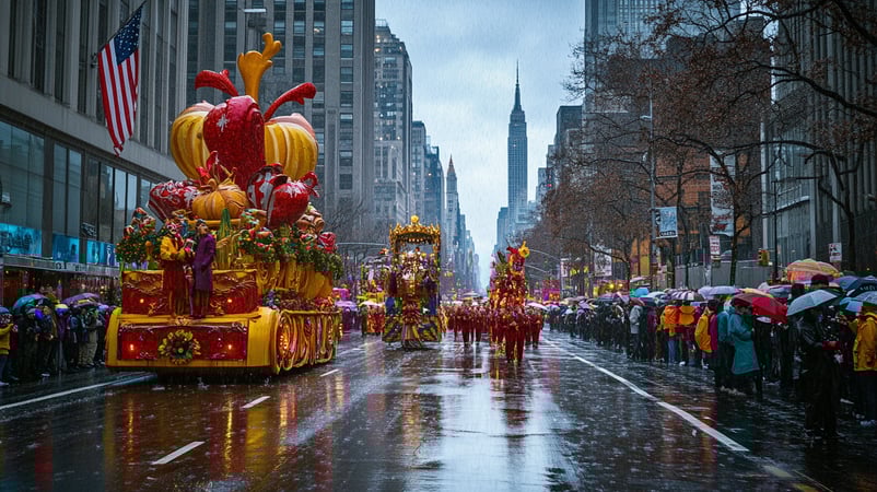 Macy's Thanksgiving Day Parade Begins Amid Steady Rainfall