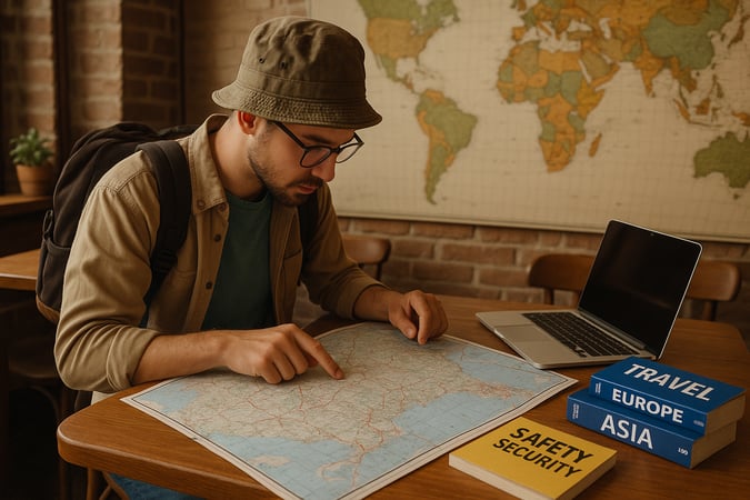Traveler examining a map in a cozy café, surrounded by travel books and a laptop, emphasizing travel safety.
