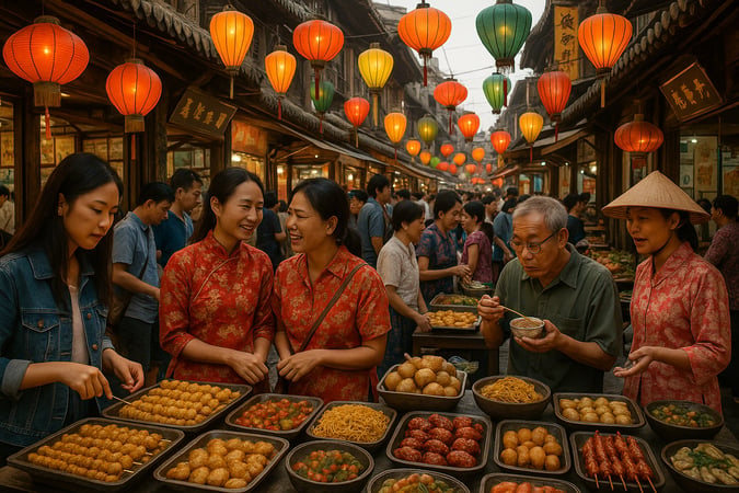 Vibrant Asian street market bustling with diverse foods, traditional clothing, colorful lanterns, and intricate architecture.