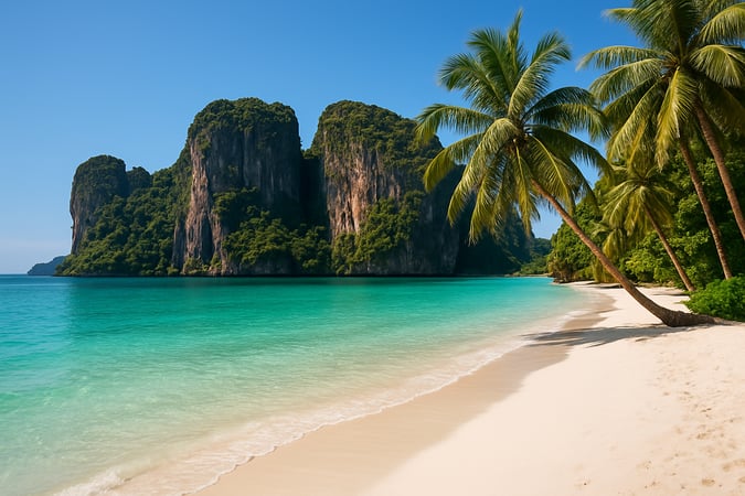 Pristine Thailand beach with turquoise waters, white sands, palm trees, and limestone cliffs under a clear blue sky.