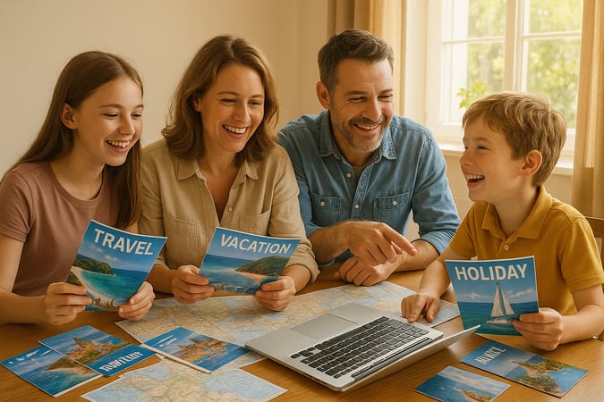Family discussing vacation plans with travel brochures and maps on a sunlit table, showcasing their excitement for family ...